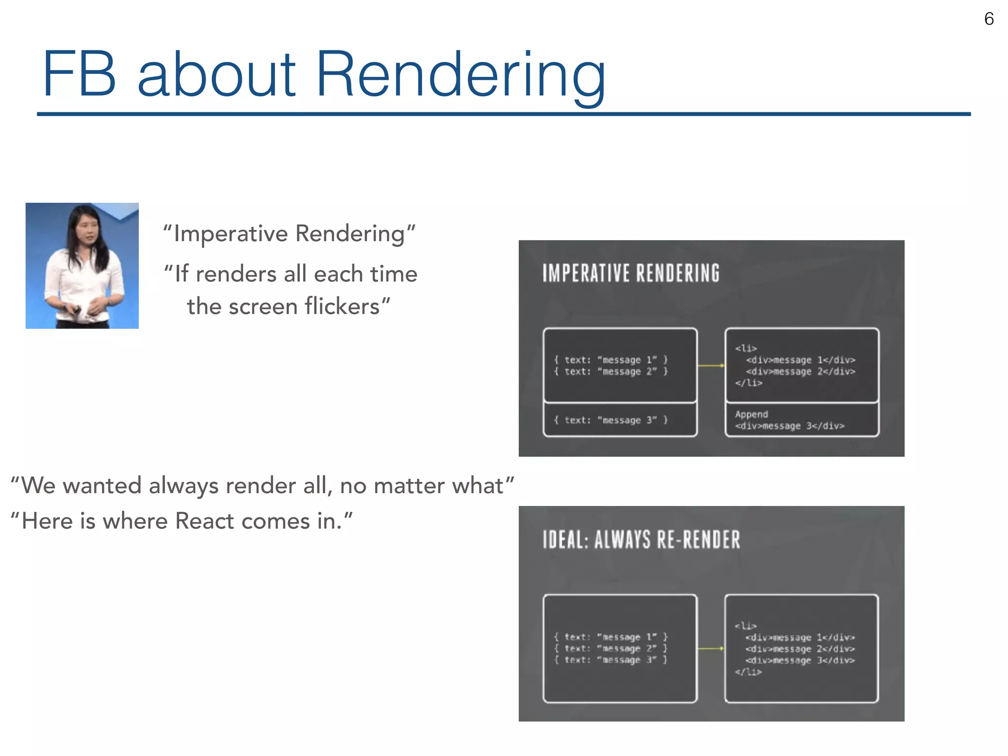 FB about Rendering 6 “Imperative Rendering” “If renders all each time the screen flickers” “We wanted always render all, no matter what” “Here is where React comes in.” 