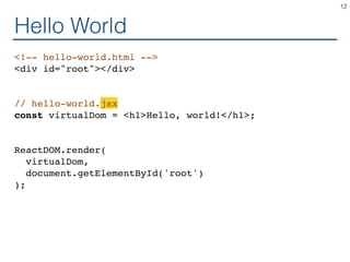 Hello World
<!-- hello-world.html -->
<div id="root"></div>
// hello-world.jsx
const virtualDom = <h1>Hello, world!</h1>;
ReactDOM.render(
virtualDom,
document.getElementById('root')
);
12
 