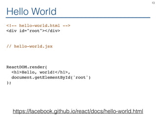 Hello World
<!-- hello-world.html -->
<div id="root"></div>
// hello-world.jsx
ReactDOM.render(
<h1>Hello, world!</h1>,
document.getElementById('root')
);
13
https://facebook.github.io/react/docs/hello-world.html
 