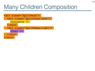 Children Composition
function Card(props) {
return (
<div className="card">
{props.children}
</div>
);
}
133
 