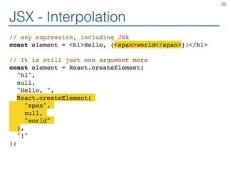 JSX - Interpolation
// any expression, including JSX
const element = <h1>Hello, {<span>world</span>}!</h1>
// It is still just one argument more
const element = React.createElement(
"h1",
null,
"Hello, ",
React.createElement(
"span",
null,
"world"
),
"!"
);
25
 