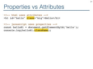 Properties vs Attributes
<!-- html uses attributes -->
<h1 id="hello" class="big">Hello</h1>
<!-- javascript uses properties -->
const helloH1 = document.getElementById('hello');
console.log(helloH1.className);
31
 