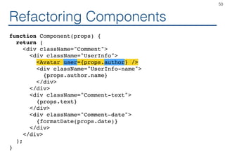 Refactoring Components
function Component(props) {
return (
<div className="Comment">
<div className="UserInfo">
<Avatar user={props.author} />
<div className="UserInfo-name">
{props.author.name}
</div>
</div>
<div className="Comment-text">
{props.text}
</div>
<div className="Comment-date">
{formatDate(props.date)}
</div>
</div>
);
}
50
 