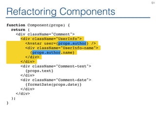 Refactoring Components
function Component(props) {
return (
<div className="Comment">
<div className="UserInfo">
<Avatar user={props.author} />
<div className="UserInfo-name">
{props.author.name}
</div>
</div>
<div className="Comment-text">
{props.text}
</div>
<div className="Comment-date">
{formatDate(props.date)}
</div>
</div>
);
}
51
 