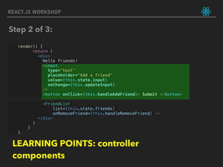 REACT.JS WORKSHOP
render() {
return (
<div>
Hello friends!
<input
type="text"
placeholder="Add a friend"
value={this.state.input}
onChange={this.updateInput}
/>
<button onClick={this.handleAddFriend}> Submit </button>
<FriendList
list={this.state.friends}
onRemoveFriend={this.handleRemoveFriend} />
</div>
)
}
}
Step 2 of 3:
LEARNING POINTS: controller
components
 