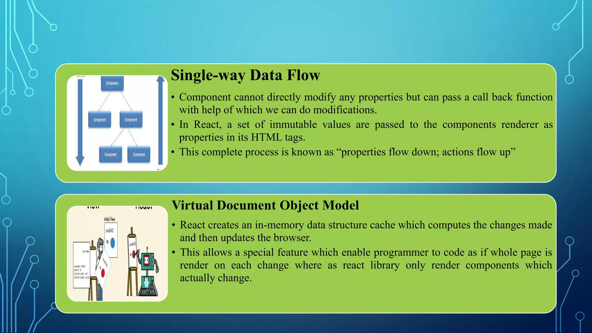 Single-way Data Flow
• Component cannot directly modify any properties but can pass a call back function
with help of which we can do modifications.
• In React, a set of immutable values are passed to the components renderer as
properties in its HTML tags.
• This complete process is known as “properties flow down; actions flow up”
Virtual Document Object Model
• React creates an in-memory data structure cache which computes the changes made
and then updates the browser.
• This allows a special feature which enable programmer to code as if whole page is
render on each change where as react library only render components which
actually change.
 