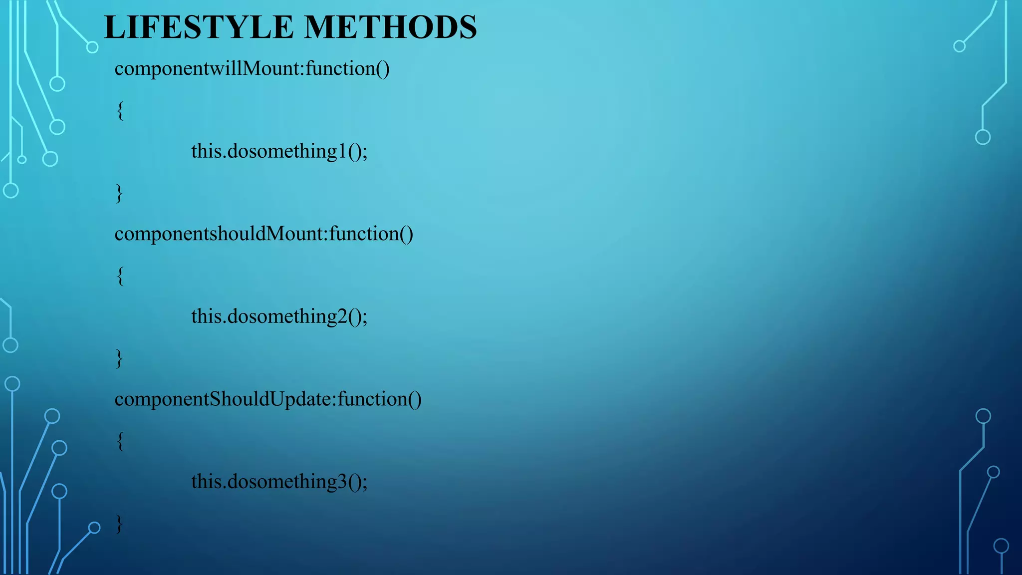 LIFESTYLE METHODS
componentwillMount:function()
{
this.dosomething1();
}
componentshouldMount:function()
{
this.dosomething2();
}
componentShouldUpdate:function()
{
this.dosomething3();
}
 