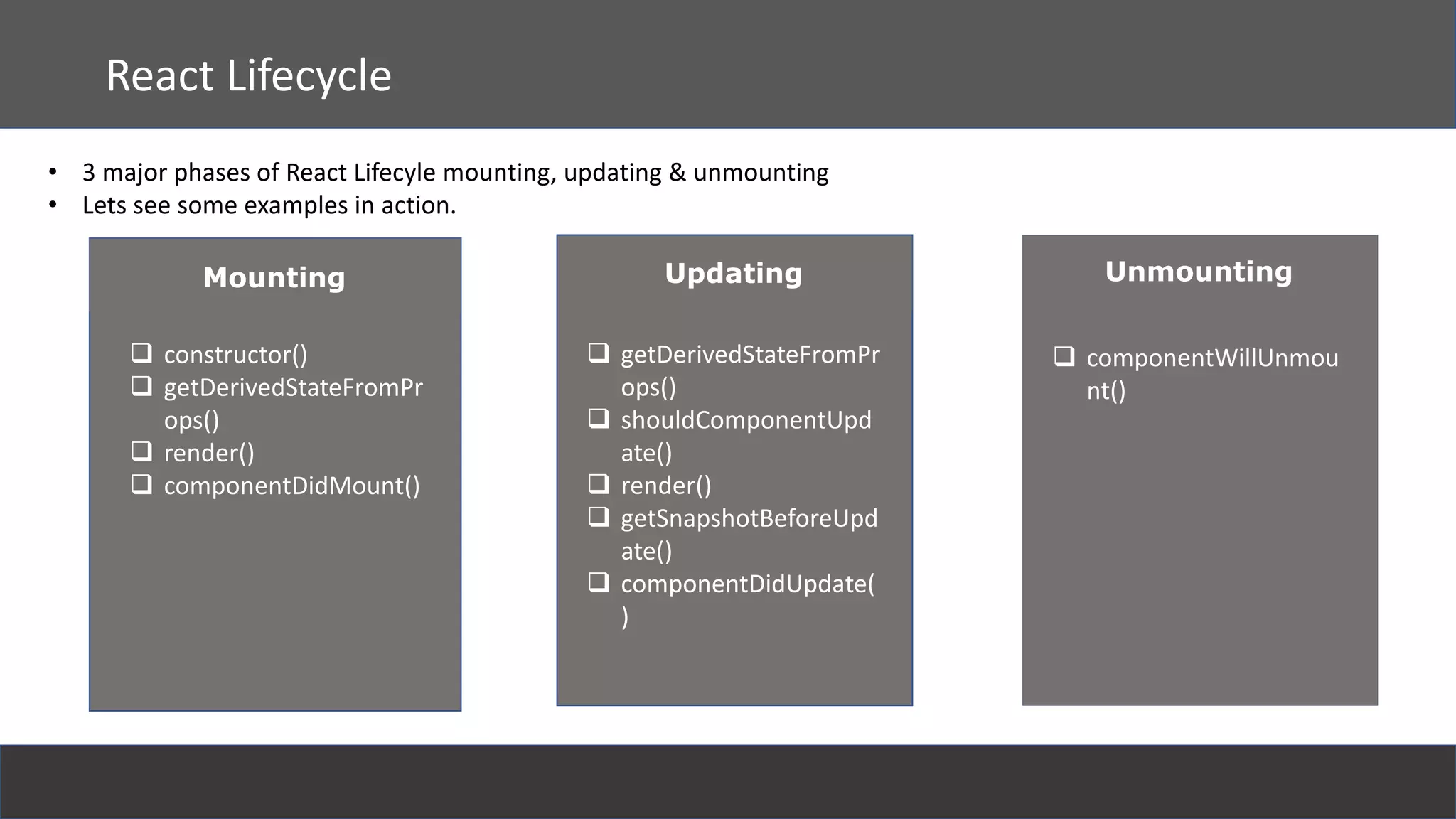 React Lifecycle
• 3 major phases of React Lifecyle mounting, updating & unmounting
• Lets see some examples in action.
Mounting Updating Unmounting
 constructor()
 getDerivedStateFromPr
ops()
 render()
 componentDidMount()
 getDerivedStateFromPr
ops()
 shouldComponentUpd
ate()
 render()
 getSnapshotBeforeUpd
ate()
 componentDidUpdate(
)
 componentWillUnmou
nt()
 