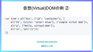 仮想(Virtual)DOMの例 ②
livoras/simple-virtual-dom
実際のコード例
 