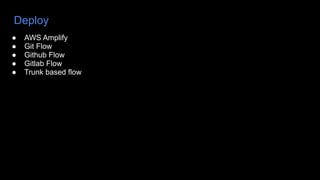 Deploy
● AWS Amplify
● Git Flow
● Github Flow
● Gitlab Flow
● Trunk based flow
 