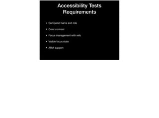 Accessibility Tests
Requirements
• Computed name and role

• Color contrast

• Focus management with refs

• Visible focus state

• ARIA support
 