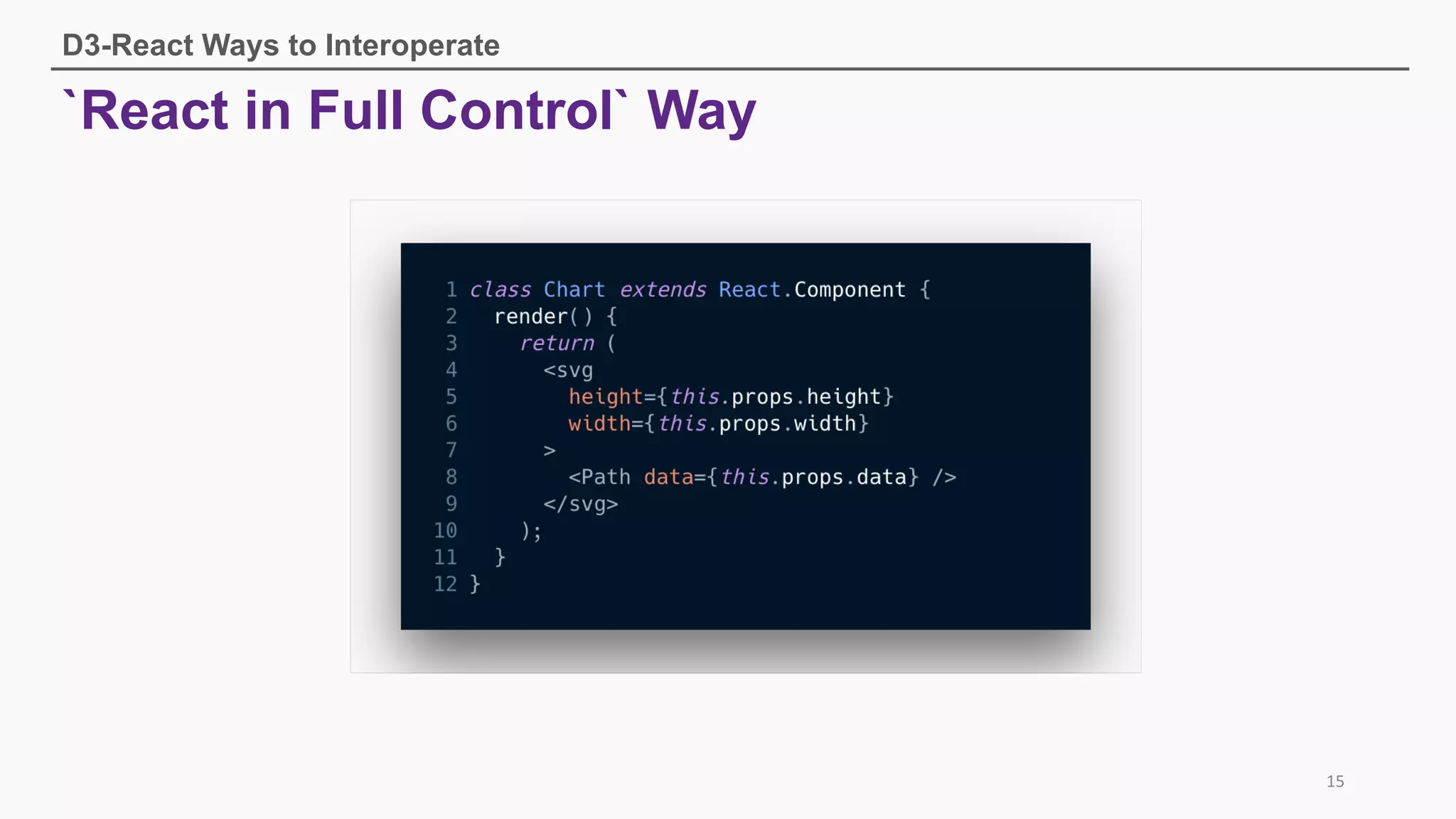 `React in Full Control` Way
D3-React Ways to Interoperate
15
 
