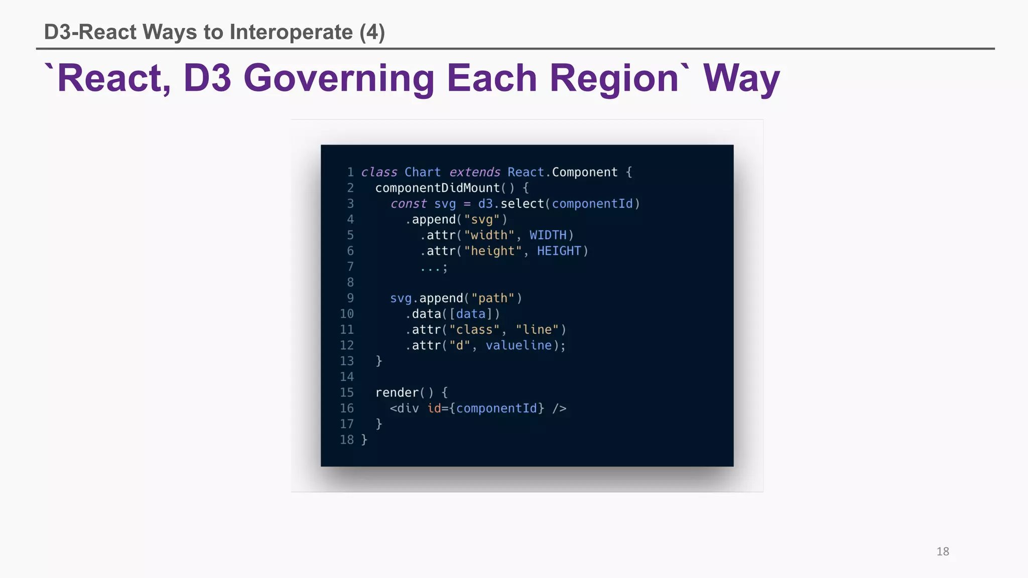 `React, D3 Governing Each Region` Way
D3-React Ways to Interoperate (4)
18
 
