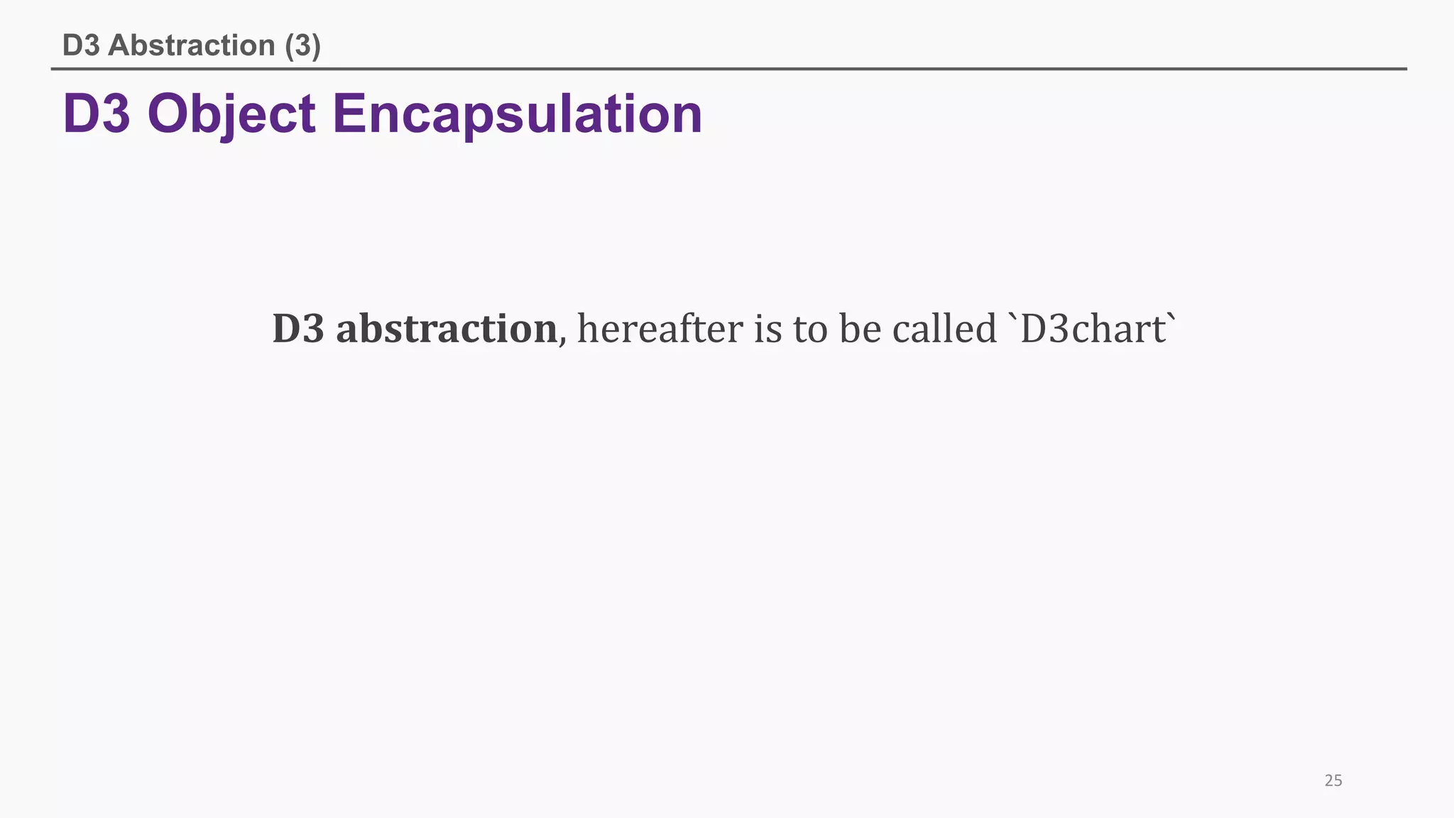 D3 Object Encapsulation
D3 Abstraction (3)
25
D3	abstraction,	hereafter	is	to	be	called	`D3chart`
 