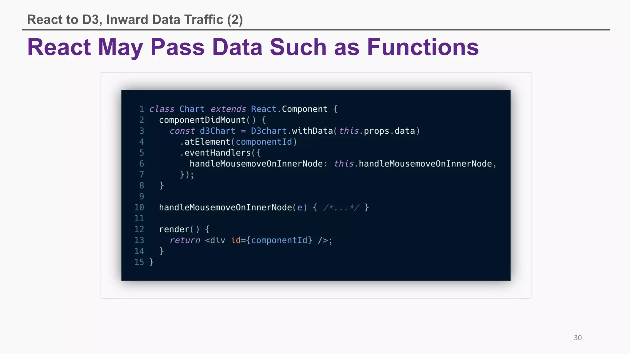 React May Pass Data Such as Functions
React to D3, Inward Data Traffic (2)
30
 