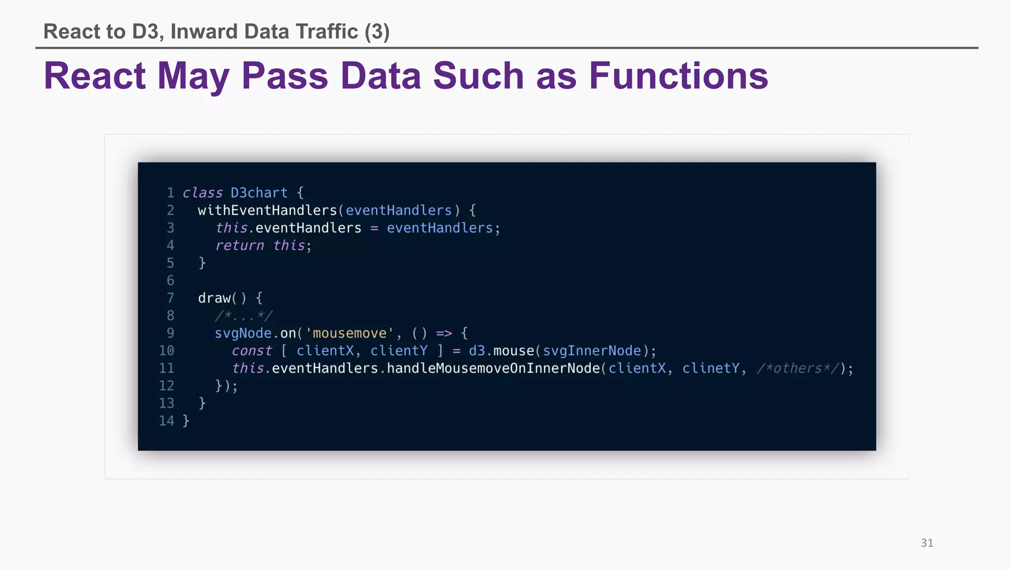 React May Pass Data Such as Functions
React to D3, Inward Data Traffic (3)
31
 