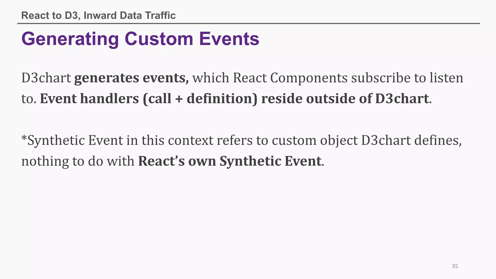 Generating Custom Events
React to D3, Inward Data Traffic
35
D3chart	generates	events,	which	React	Components	subscribe	to	listen	
to.	Event	handlers	(call	+	definition)	reside	outside	of	D3chart.
*Synthetic	Event	in	this	context	refers	to	custom	object	D3chart	defines,	
nothing	to	do	with	React’s own	Synthetic	Event.
 
