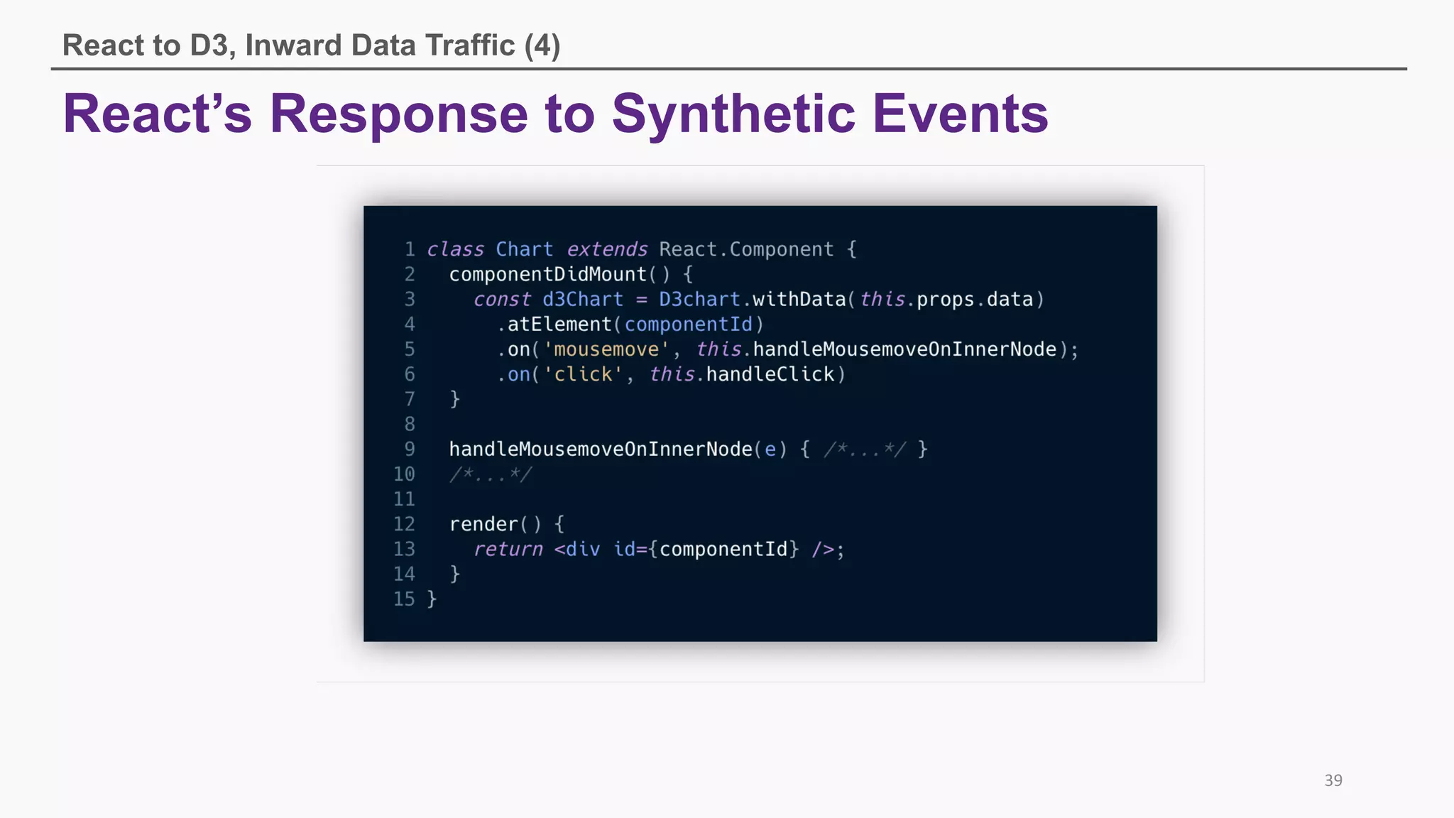 React’s Response to Synthetic Events
React to D3, Inward Data Traffic (4)
39
 