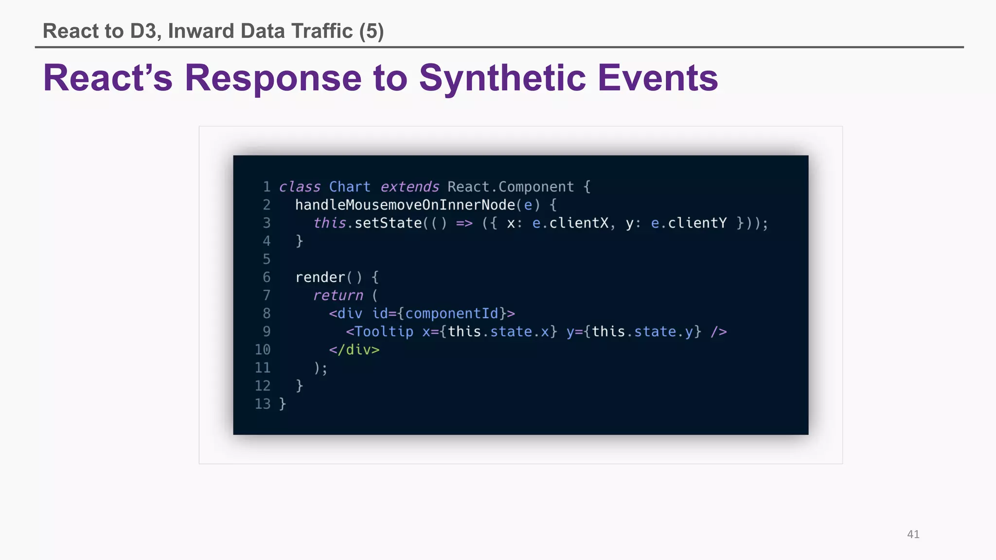 React’s Response to Synthetic Events
React to D3, Inward Data Traffic (5)
41
 