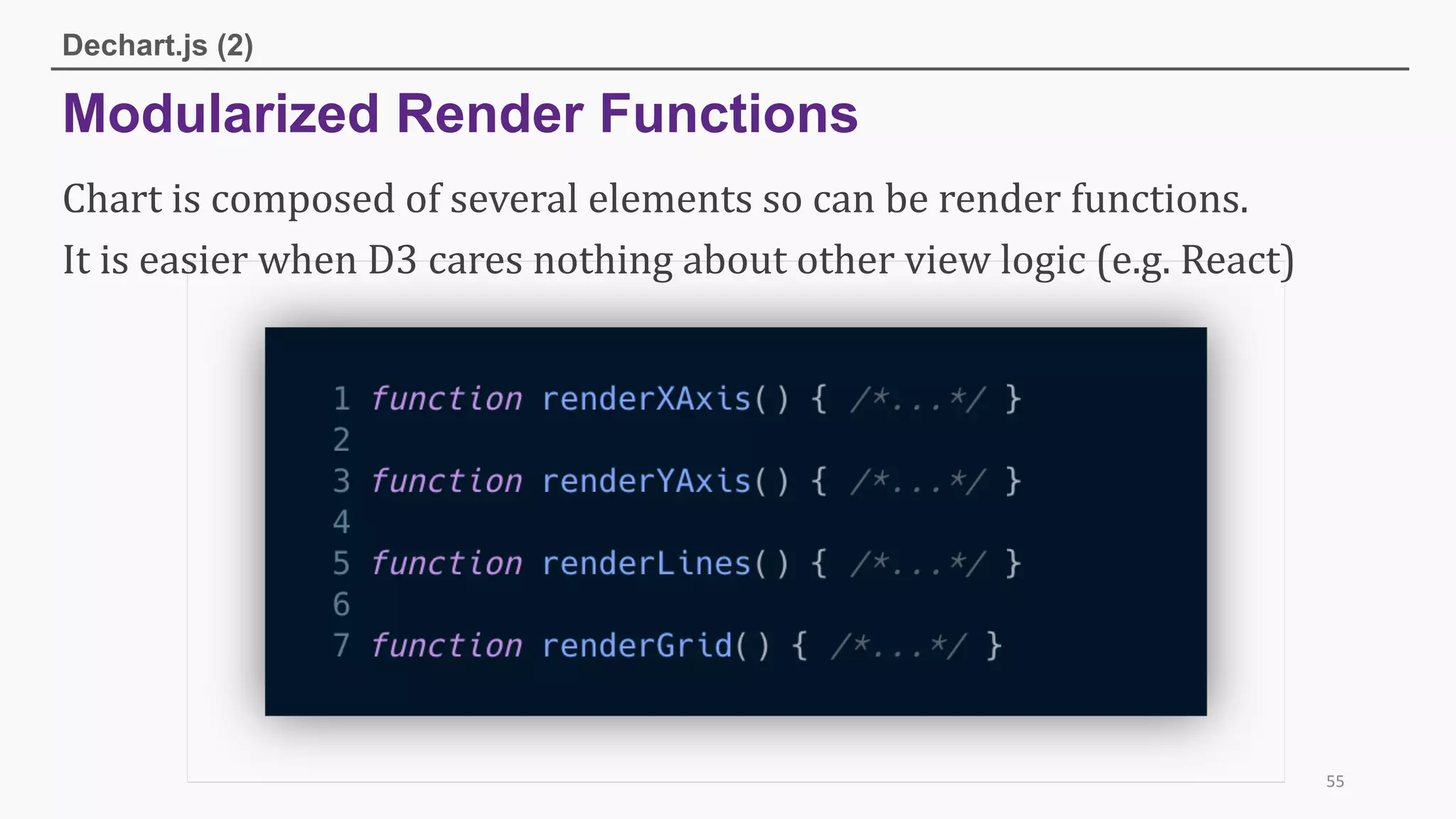 Modularized Render Functions
Dechart.js (2)
55
Chart	is	composed	of	several	elements	so	can	be	render	functions.
It	is	easier	when	D3	cares	nothing	about	other	view	logic	(e.g.	React)
 