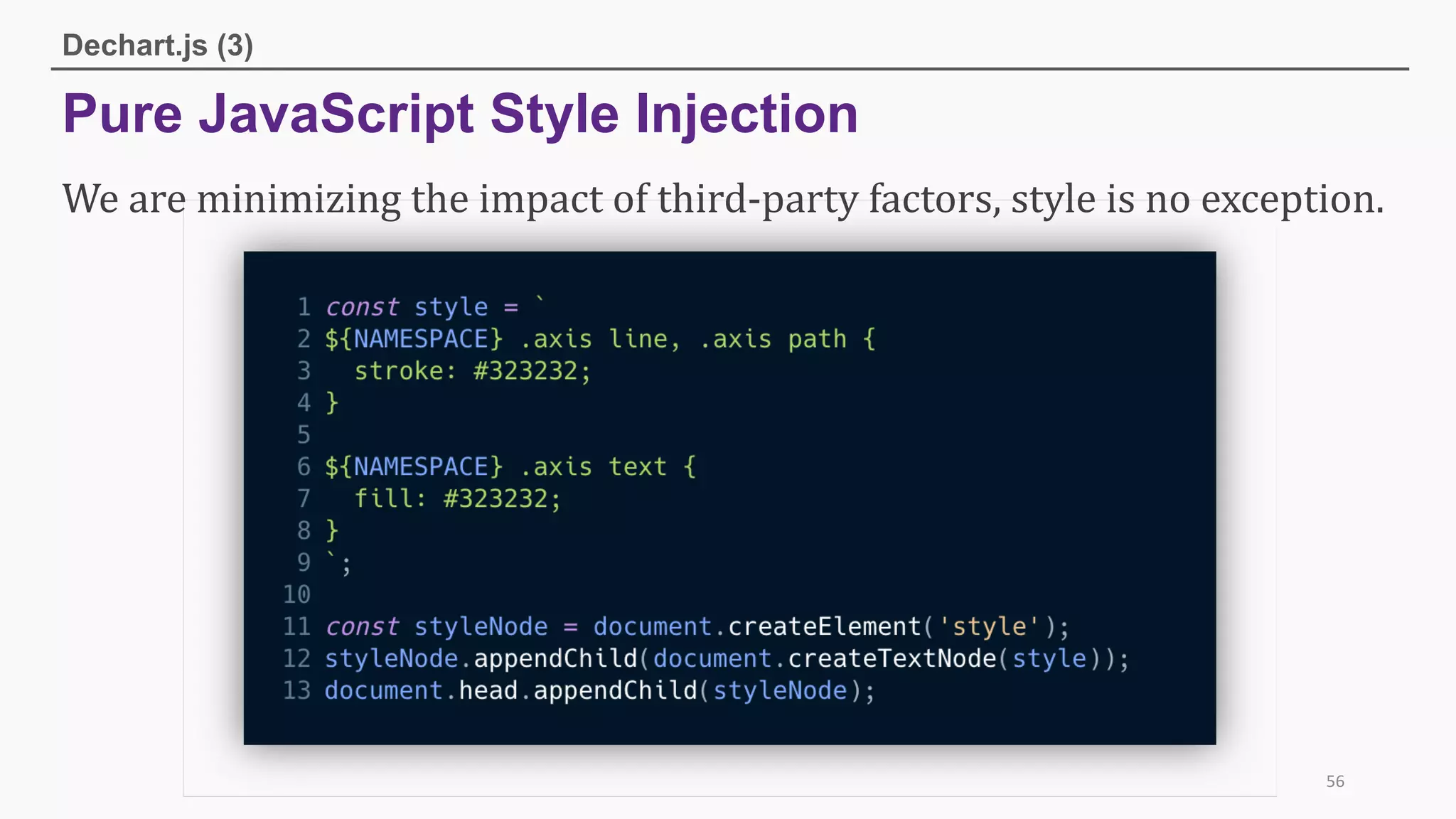 Pure JavaScript Style Injection
Dechart.js (3)
56
We	are	minimizing	the	impact	of	third-party	factors,	style	is	no	exception.
 