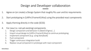Design and Developer collaboration
1. Agree on (or create) a Design System that roughly fits user and biz requirements
2. Start prototyping in [UXPin|FramerX|Alva] using the provided react components
3. Apply theming directly in the code (SCSS)
4. For new (i.e. not-yet-existing) components
1. Design component and behavior in [Sketch|Figma|…]
2. Import visual design to [UXPin|FramerX|Alva] to continue prototyping
3. Implement component (e.g. using Storybook)
4. Push component
5. Trigger continuous integration build
6. Replace visual component in prototype with react component
23
 