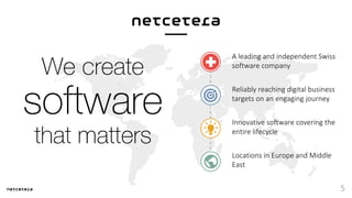 5
A leading and independent Swiss
software company
Reliably reaching digital business
targets on an engaging journey
Innovative software covering the
entire lifecycle
Locations in Europe and Middle
East
 
