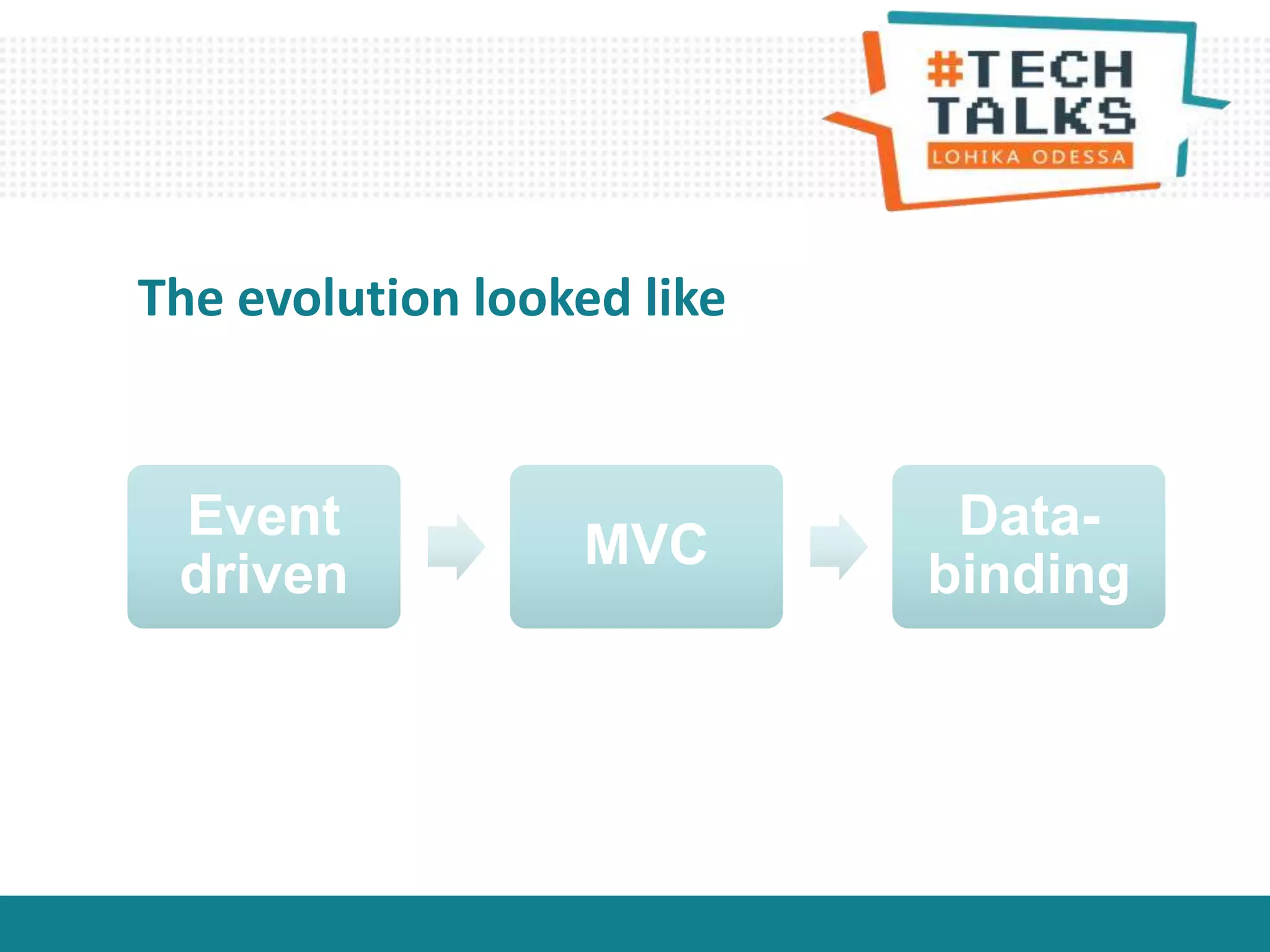 Event
driven
MVC
Data-
binding
The evolution looked like
 