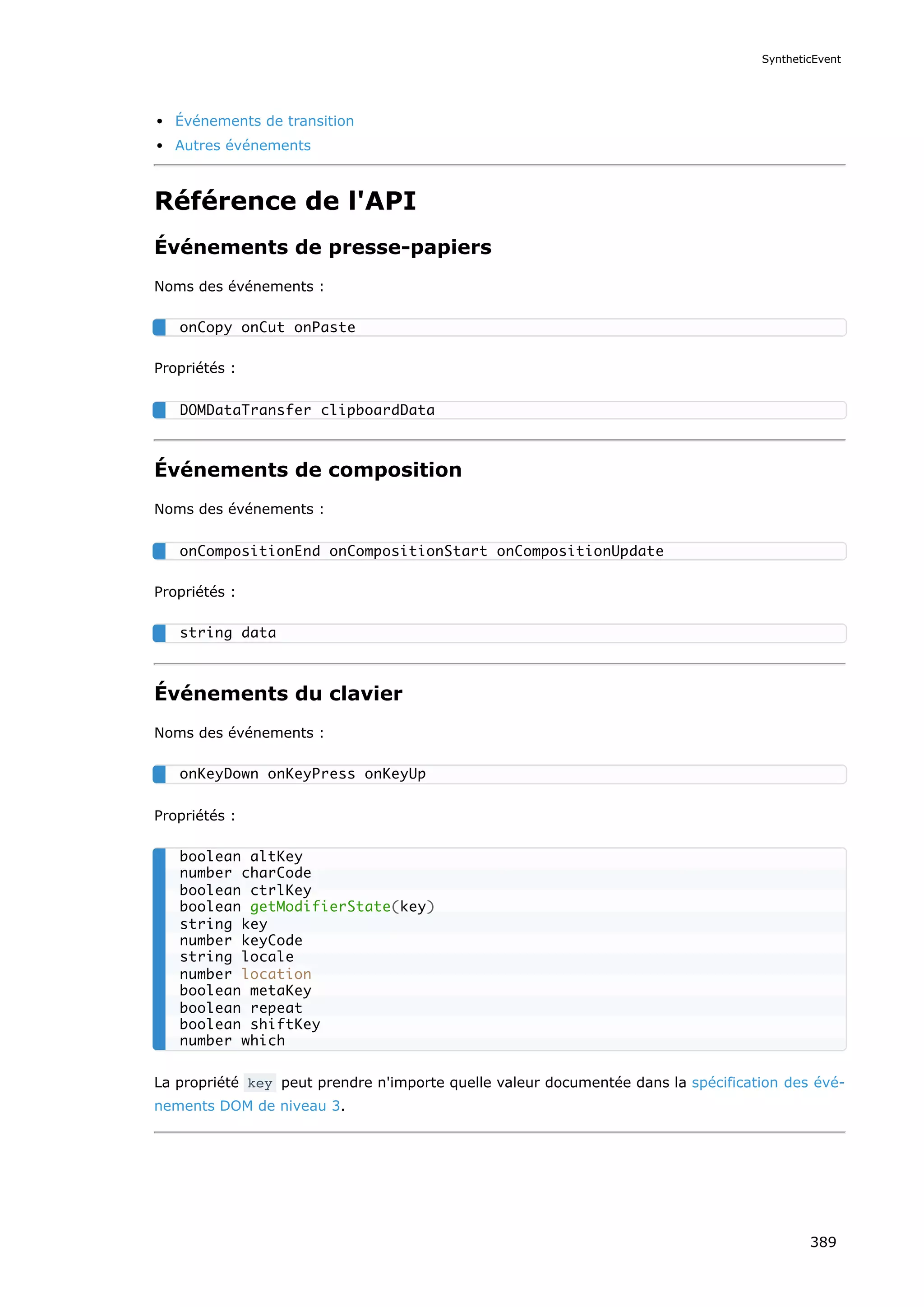 Événements de transition
Autres événements
Référence de l'API
Événements de presse-papiers
Noms des événements :
Propriétés :
Événements de composition
Noms des événements :
Propriétés :
Événements du clavier
Noms des événements :
Propriétés :
La propriété key peut prendre n'importe quelle valeur documentée dans la spécification des évé-
nements DOM de niveau 3.
onCopy onCut onPaste
DOMDataTransfer clipboardData
onCompositionEnd onCompositionStart onCompositionUpdate
string data
onKeyDown onKeyPress onKeyUp
boolean altKey
number charCode
boolean ctrlKey
boolean getModifierState(key)
string key
number keyCode
string locale
number location
boolean metaKey
boolean repeat
boolean shiftKey
number which
SyntheticEvent
389
 