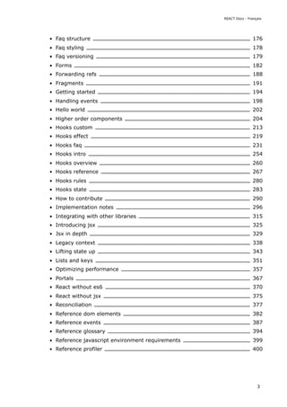 Faq structure 176
Faq styling 178
Faq versioning 179
Forms 182
Forwarding refs 188
Fragments 191
Getting started 194
Handling events 198
Hello world 202
Higher order components 204
Hooks custom 213
Hooks effect 219
Hooks faq 231
Hooks intro 254
Hooks overview 260
Hooks reference 267
Hooks rules 280
Hooks state 283
How to contribute 290
Implementation notes 296
Integrating with other libraries 315
Introducing jsx 325
Jsx in depth 329
Legacy context 338
Lifting state up 343
Lists and keys 351
Optimizing performance 357
Portals 367
React without es6 370
React without jsx 375
Reconciliation 377
Reference dom elements 382
Reference events 387
Reference glossary 394
Reference javascript environment requirements 399
Reference profiler 400
REACT Docs - Français
3
 