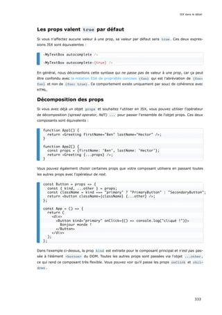 Les props valent true par défaut
Si vous n'affectez aucune valeur à une prop, sa valeur par défaut sera true . Ces deux expres-
sions JSX sont équivalentes :
En général, nous déconseillons cette syntaxe qui ne passe pas de valeur à une prop, car ça peut
être confondu avec la notation ES6 de propriétés concises {foo} qui est l'abréviation de {foo:
foo} et non de {foo: true} . Ce comportement existe uniquement par souci de cohérence avec
HTML.
Décomposition des props
Si vous avez déjà un objet props et souhaitez l'utiliser en JSX, vous pouvez utiliser l'opérateur
de décomposition (spread operator, NdT) ... pour passer l'ensemble de l'objet props. Ces deux
composants sont équivalents :
Vous pouvez également choisir certaines props que votre composant utilisera en passant toutes
les autres props avec l'opérateur de rest.
Dans l'exemple ci-dessus, la prop kind est extraite pour le composant principal et n'est pas pas-
sée à l'élément <button> du DOM. Toutes les autres props sont passées via l'objet ...other ,
ce qui rend ce composant très flexible. Vous pouvez voir qu’il passe les props onClick et chil‐
dren .
<MyTextBox autocomplete />
<MyTextBox autocomplete={true} />
function App1() {
return <Greeting firstName="Ben" lastName="Hector" />;
}
function App2() {
const props = {firstName: 'Ben', lastName: 'Hector'};
return <Greeting {...props} />;
}
const Button = props => {
const { kind, ...other } = props;
const className = kind === "primary" ? "PrimaryButton" : "SecondaryButton";
return <button className={className} {...other} />;
};
const App = () => {
return (
<div>
<Button kind="primary" onClick={() => console.log("cliqué !")}>
Bonjour monde !
</Button>
</div>
);
};
JSX dans le détail
333
 