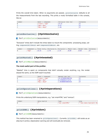 Prints the overall time taken. When no arguments are passed, printInclusive defaults to all
the measurements from the last recording. This prints a nicely formatted table in the console,
like so:
printExclusive() {#printexclusive}
"Exclusive" times don't include the times taken to mount the components: processing props, cal-
ling componentWillMount and componentDidMount , etc.
printWasted() {#printwasted}
The most useful part of the profiler.
"Wasted" time is spent on components that didn't actually render anything, e.g. the render
stayed the same, so the DOM wasn't touched.
printOperations() {#printoperations}
Prints the underlying DOM manipulations, e.g. "set innerHTML" and "remove".
printDOM() {#printdom}
This method has been renamed to printOperations() . Currently printDOM() still exists as an
alias but it prints a deprecation warning and will eventually be removed.
Perf.printExclusive(measurements)
Perf.printWasted(measurements)
Perf.printOperations(measurements)
Perf.printDOM(measurements)
Performance Tools
35
 