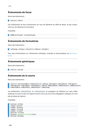 Événements de focus
Noms des événements :
Ces événements de focus fonctionnent sur tous les éléments du DOM de React, et pas unique-
ment sur les éléments du formulaire.
Propriétés :
Événements de formulaires
Noms des événements :
Pour plus d'informations sur l'événement onChange, consultez la documentation sur les formu-
laires.
Événements génériques
Noms des événements :
Événements de la souris
Noms des événements :
Les événements onMouseEnter et onMouseLeave se propagent de l'élément qui vient d'être
quitté par la souris à celui sur lequel la souris arrive (au lieu d'une propagation classique) et n'ont
pas de phase de capture.
Propriétés :
onFocus onBlur
DOMEventTarget relatedTarget
onChange onInput onInvalid onReset onSubmit
onError onLoad
onClick onContextMenu onDoubleClick onDrag onDragEnd onDragEnter onDragExit
onDragLeave onDragOver onDragStart onDrop onMouseDown onMouseEnter onMouseLeave
onMouseMove onMouseOut onMouseOver onMouseUp
boolean altKey
number button
number buttons
number clientX
number clientY
boolean ctrlKey
boolean getModifierState(key)
boolean metaKey
react
390
 