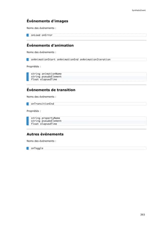 Événements d'images
Noms des événements :
Événements d'animation
Noms des événements :
Propriétés :
Événements de transition
Noms des événements :
Propriétés :
Autres événements
Noms des événements :
onLoad onError
onAnimationStart onAnimationEnd onAnimationIteration
string animationName
string pseudoElement
float elapsedTime
onTransitionEnd
string propertyName
string pseudoElement
float elapsedTime
onToggle
SyntheticEvent
393
 