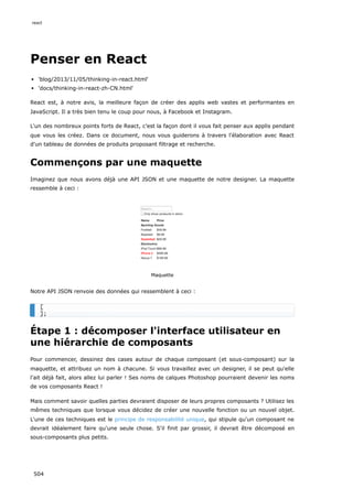 Penser en React
'blog/2013/11/05/thinking-in-react.html'
'docs/thinking-in-react-zh-CN.html'
React est, à notre avis, la meilleure façon de créer des applis web vastes et performantes en
JavaScript. Il a très bien tenu le coup pour nous, à Facebook et Instagram.
L'un des nombreux points forts de React, c’est la façon dont il vous fait penser aux applis pendant
que vous les créez. Dans ce document, nous vous guiderons à travers l'élaboration avec React
d'un tableau de données de produits proposant filtrage et recherche.
Commençons par une maquette
Imaginez que nous avons déjà une API JSON et une maquette de notre designer. La maquette
ressemble à ceci :
Maquette
Notre API JSON renvoie des données qui ressemblent à ceci :
Étape 1 : décomposer l'interface utilisateur en
une hiérarchie de composants
Pour commencer, dessinez des cases autour de chaque composant (et sous-composant) sur la
maquette, et attribuez un nom à chacune. Si vous travaillez avec un designer, il se peut qu'elle
l'ait déjà fait, alors allez lui parler ! Ses noms de calques Photoshop pourraient devenir les noms
de vos composants React !
Mais comment savoir quelles parties devraient disposer de leurs propres composants ? Utilisez les
mêmes techniques que lorsque vous décidez de créer une nouvelle fonction ou un nouvel objet.
L'une de ces techniques est le principe de responsabilité unique, qui stipule qu'un composant ne
devrait idéalement faire qu'une seule chose. S'il finit par grossir, il devrait être décomposé en
sous-composants plus petits.
[
];
react
504
 