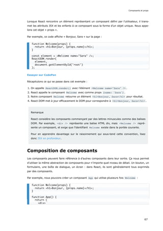 Lorsque React rencontre un élément représentant un composant défini par l’utilisateur, il trans-
met les attributs JSX et les enfants à ce composant sous la forme d’un objet unique. Nous appe-
lons cet objet « props ».
Par exemple, ce code affiche « Bonjour, Sara » sur la page :
Essayer sur CodePen
Récapitulons ce qui se passe dans cet exemple :
1. On appelle ReactDOM.render() avec l’élément <Welcome name="Sara" /> .
2. React appelle le composant Welcome avec comme props {name: 'Sara'} .
3. Notre composant Welcome retourne un élément <h1>Bonjour, Sara</h1> pour résultat.
4. React DOM met à jour efficacement le DOM pour correspondre à <h1>Bonjour, Sara</h1> .
Remarque
React considère les composants commençant par des lettres minuscules comme des balises
DOM. Par exemple, <div /> représente une balise HTML div, mais <Welcome /> repré-
sente un composant, et exige que l’identifiant Welcome existe dans la portée courante.
Pour en apprendre davantage sur le raisonnement qui sous-tend cette convention, lisez
donc JSX en profondeur.
Composition de composants
Les composants peuvent faire référence à d’autres composants dans leur sortie. Ça nous permet
d’utiliser la même abstraction de composants pour n’importe quel niveau de détail. Un bouton, un
formulaire, une boîte de dialogue, un écran : dans React, ils sont généralement tous exprimés
par des composants.
Par exemple, nous pouvons créer un composant App qui utilise plusieurs fois Welcome :
function Welcome(props) {
return <h1>Bonjour, {props.name}</h1>;
}
const element = <Welcome name="Sara" />;
ReactDOM.render(
element,
document.getElementById('root')
);
function Welcome(props) {
return <h1>Bonjour, {props.name}</h1>;
}
function App() {
return (
<div>
Composants et props
67
 