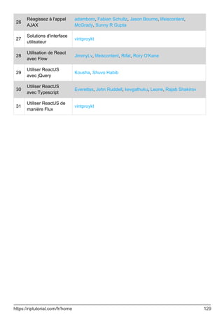 26
Réagissez à l'appel
AJAX
adamboro, Fabian Schultz, Jason Bourne, lifeiscontent,
McGrady, Sunny R Gupta
27
Solutions d'interface
utilisateur
vintproykt
28
Utilisation de React
avec Flow
JimmyLv, lifeiscontent, Rifat, Rory O'Kane
29
Utiliser ReactJS
avec jQuery
Kousha, Shuvo Habib
30
Utiliser ReactJS
avec Typescript
Everettss, John Ruddell, kevgathuku, Leone, Rajab Shakirov
31
Utiliser ReactJS de
manière Flux
vintproykt
https://riptutorial.com/fr/home 129
 