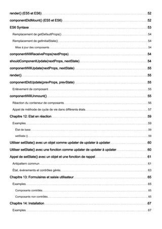 render() (ES5 et ES6) 52
componentDidMount() (ES5 et ES6) 52
ES6 Syntaxe 53
Remplacement de getDefaultProps() 54
Remplacement de getInitialState() 54
Mise à jour des composants 54
componentWillReceiveProps(nextProps) 54
shouldComponentUpdate(nextProps, nextState) 54
componentWillUpdate(nextProps, nextState) 55
render() 55
componentDidUpdate(prevProps, prevState) 55
Enlèvement de composant 55
componentWillUnmount() 55
Réaction du conteneur de composants 56
Appel de méthode de cycle de vie dans différents états 57
Chapitre 12: Etat en réaction 59
Examples 59
État de base 59
setState () 59
Utiliser setState() avec un objet comme updater de updater à updater 60
Utiliser setState() avec une fonction comme updater de updater à updater 60
Appel de setState() avec un objet et une fonction de rappel 61
Antipattern commun 61
État, événements et contrôles gérés 63
Chapitre 13: Formulaires et saisie utilisateur 65
Examples 65
Composants contrôlés 65
Composants non contrôlés 65
Chapitre 14: Installation 67
Examples 67
 