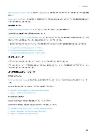 The Accessibility Engine もしくは aXe は、aXe-core により構築されたアクセシビリティを検査するブラウザ拡張機
能です。
@axe-core/react モジュールを使用して、開発時やデバッグ時にこれらによるアクセシビリティの検査結果を直接コンソ
ールへ出力させることもできます。
WebAIM WAVE
Web Accessibility Evaluation Tool はアクセシビリティに関する別のブラウザ拡張機能です。
アクセシビリティ検査ツールとアクセシビリティツリー
アクセシビリティツリー (The Accessibility Tree) は、スクリーンリーダのような補助技術に公開されるべきすべての要
素についてアクセス可能なオブジェクトを含んだ DOM ツリーのサブセットです。
一部のブラウザではアクセシビリティツリー内の各要素のアクセシビリティに関する情報を簡単に見ることができます：
Using the Accessibility Inspector in Firefox
Using the Accessibility Inspector in Chrome
Using the Accessibility Inspector in OS X Safari
スクリーンリーダ
アクセシビリティのテストの一環として、スクリーンリーダによるテストを行うべきです。
ブラウザとスクリーンリーダの相性に注意してください。選択したスクリーンリーダに最適なブラウザでアプリケーショ
ンのテストをすることをおすすめします。
よく使われるスクリーンリーダ
NVDA と FireFox
NonVisual Desktop Access または NVDA は広く利用されているオープンソースの Windows 向けスクリーンリーダー
です。
NVDA を最大限に活用する方法は以下のガイドを参照してください：
WebAIM - Using NVDA to Evaluate Web Accessibility
Deque - NVDA Keyboard Shortcuts
VoiceOver と Safari
VoiceOver は Apple 社製品に統合されたスクリーンリーダです。
VoiceOver を有効化して使用する方法は以下のガイドを参照してください：
WebAIM - Using VoiceOver to Evaluate Web Accessibility
Deque - VoiceOver for OS X Keyboard Shortcuts
Deque - VoiceOver for iOS Shortcuts
アクセシビリティ
15
 