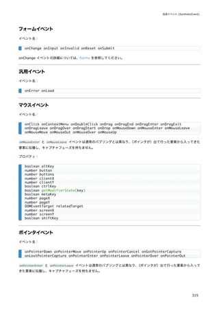 フォームイベント
イベント名：
onChange イベントの詳細については、Forms を参照してください。
汎用イベント
イベント名：
マウスイベント
イベント名：
onMouseEnter と onMouseLeave イベントは通常のバブリングとは異なり、
（ポインタが）出て行った要素から入ってきた
要素に伝播し、キャプチャフェーズを持ちません。
プロパティ：
ポインタイベント
イベント名：
onPointerEnter と onPointerLeave イベントは通常のバブリングとは異なり、
（ポインタが）出て行った要素から入って
きた要素に伝播し、キャプチャフェーズを持ちません。
onChange onInput onInvalid onReset onSubmit
onError onLoad
onClick onContextMenu onDoubleClick onDrag onDragEnd onDragEnter onDragExit
onDragLeave onDragOver onDragStart onDrop onMouseDown onMouseEnter onMouseLeave
onMouseMove onMouseOut onMouseOver onMouseUp
boolean altKey
number button
number buttons
number clientX
number clientY
boolean ctrlKey
boolean getModifierState(key)
boolean metaKey
number pageX
number pageY
DOMEventTarget relatedTarget
number screenX
number screenY
boolean shiftKey
onPointerDown onPointerMove onPointerUp onPointerCancel onGotPointerCapture
onLostPointerCapture onPointerEnter onPointerLeave onPointerOver onPointerOut
合成イベント (SyntheticEvent)
315
 