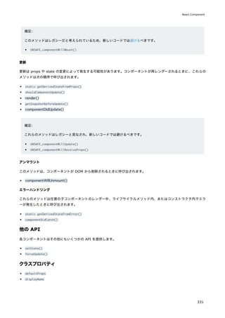 補足:
このメソッドはレガシーだと考えられているため、新しいコードでは避けるべきです。
UNSAFE_componentWillMount()
更新
更新は props や state の変更によって発生する可能性があります。コンポーネントが再レンダーされるときに、これらの
メソッドは次の順序で呼び出されます。
static getDerivedStateFromProps()
shouldComponentUpdate()
render()
getSnapshotBeforeUpdate()
componentDidUpdate()
補足:
これらのメソッドはレガシーと見なされ、新しいコードでは避けるべきです。
UNSAFE_componentWillUpdate()
UNSAFE_componentWillReceiveProps()
アンマウント
このメソッドは、コンポーネントが DOM から削除されるときに呼び出されます。
componentWillUnmount()
エラーハンドリング
これらのメソッドは任意の子コンポーネントのレンダー中、ライフサイクルメソッド内、またはコンストラクタ内でエラ
ーが発生したときに呼び出されます。
static getDerivedStateFromError()
componentDidCatch()
他の API
各コンポーネントはその他にもいくつかの API を提供します。
setState()
forceUpdate()
クラスプロパティ
defaultProps
displayName
React.Component
331
 