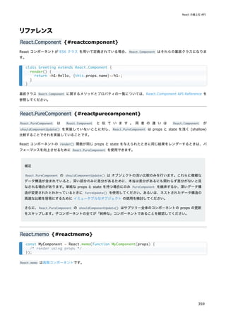 リファレンス
React.Component {#reactcomponent}
React コンポーネントが ES6 クラス を用いて定義されている場合、React.Component はそれらの基底クラスになりま
す。
基底クラス React.Component に関するメソッドとプロパティの一覧については、React.Component API Reference を
参照してください。
React.PureComponent {#reactpurecomponent}
React.PureComponent は React.Component と 似 て い ま す 。 両 者 の 違 い は React.Component が
shouldComponentUpdate() を実装していないことに対し、React.PureComponent は props と state を浅く (shallow)
比較することでそれを実装していることです。
React コンポーネントの render() 関数が同じ props と state を与えられたときに同じ結果をレンダーするときは、パ
フォーマンスを向上させるために React.PureComponent を使用できます。
補足
React.PureComponent の shouldComponentUpdate() は オブジェクトの浅い比較のみを行います。これらに複雑な
データ構造が含まれていると、深い部分のみに差分があるために、本当は差分があるにも関わらず差分がないと見
なされる場合があります。単純な props と state を持つ場合にのみ PureComponent を継承するか、深いデータ構
造が変更されたとわかっているときに forceUpdate() を使用してください。あるいは、ネストされたデータ構造の
高速な比較を容易にするために イミュータブルなオブジェクト の使用を検討してください。
さらに、React.PureComponent の shouldComponentUpdate() はサブツリー全体のコンポーネントの props の更新
をスキップします。子コンポーネントの全てが「純粋な」コンポーネントであることを確認してください。
React.memo {#reactmemo}
React.memo は高階コンポーネントです。
class Greeting extends React.Component {
render() {
return <h1>Hello, {this.props.name}</h1>;
}
}
const MyComponent = React.memo(function MyComponent(props) {
/* render using props */
});
React の最上位 API
359
 