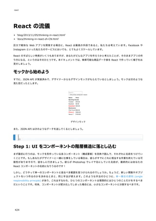 React の流儀
'blog/2013/11/05/thinking-in-react.html'
'docs/thinking-in-react-zh-CN.html'
巨大で軽快な Web アプリを開発する場合に、React は最高の手段であると、私たちは考えています。Facebook や
Instagram といった私たちのサービスにおいても、とてもよくスケールしています。
React のすばらしい特長がいくつもありますが、あなたがどんなアプリを作ろうかと考えたことが、そのままアプリの作
り方になる、というのはそのひとつです。本ドキュメントでは、検索可能な商品データ表を React で作っていく様子をお
見せしましょう。
モックから始めよう
すでに、JSON API が実装済みで、デザイナーからもデザインモックがもらえているとしましょう。モックは次のような
見た目だったとします。
デザインモック
また、JSON API は次のようなデータを返してくるとしましょう。
Step 1: UI をコンポーネントの階層構造に落とし込む
まず最初に行うのは、モックを形作っている各コンポーネント（構成要素）を四角で囲んで、それぞれに名前をつけてい
くことです。もしあなたがデザイナーと一緒に仕事をしている場合は、彼らがすでにこれに相当する作業を終えている可
能性がありますので、話をしに行きましょう。彼らが Photoshop でレイヤ名にしていた名前が、最終的にはあなたの
React コンポーネントの名前になりうるのです！
しかし、どうやって単一のコンポーネントに括るべき範囲を見つけられるのでしょうか。ちょうど、新しい関数やオブジ
ェクトをいつ作るのかを決めるときと、同じ手法が使えます。このような手法のひとつに、単一責任の原則 (single
responsibility principle) があり、これはすなわち、ひとつのコンポーネントは理想的にはひとつのことだけをするべき
だということです。将来、コンポーネントが肥大化してしまった場合には、小さなコンポーネントに分割するべきです。
[
];
react
424
 