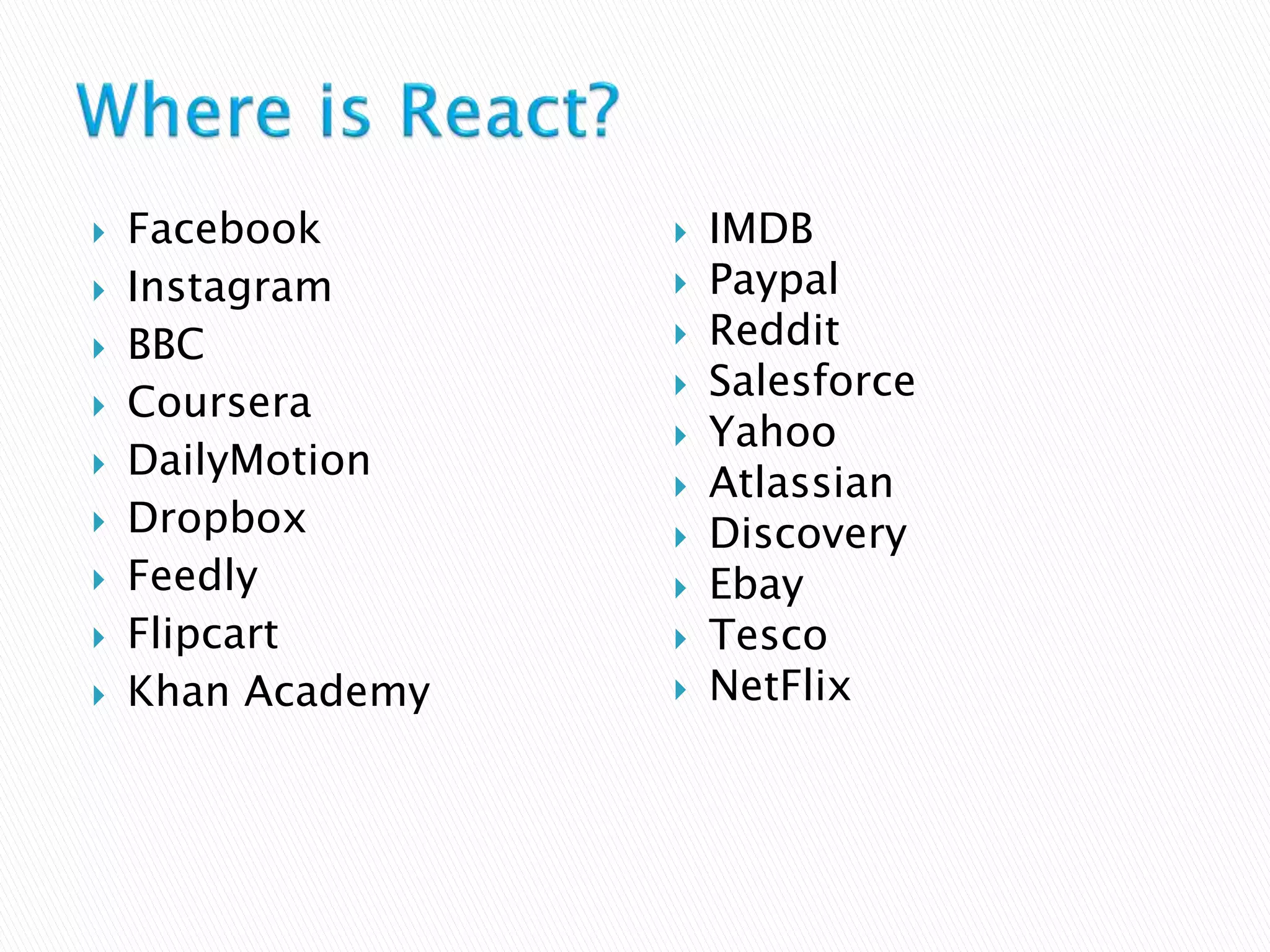  Facebook
 Instagram
 BBC
 Coursera
 DailyMotion
 Dropbox
 Feedly
 Flipcart
 Khan Academy
 IMDB
 Paypal
 Reddit
 Salesforce
 Yahoo
 Atlassian
 Discovery
 Ebay
 Tesco
 NetFlix
 