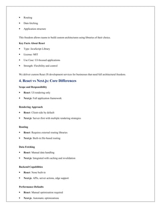 Routing
 Data fetching
 Application structure
This freedom allows teams to build custom architectures using libraries of their choice.
Key Facts About React
 Type: JavaScript Library
 License: MIT
 Use Case: UI-focused applications
 Strength: Flexibility and control
We deliver custom React JS development services for businesses that need full architectural freedom.
4. React vs Next.js: Core Differences
Scope and Responsibility
 React: UI rendering only
 Next.js: Full application framework
Rendering Approach
 React: Client-side by default
 Next.js: Server-first with multiple rendering strategies
Routing
 React: Requires external routing libraries
 Next.js: Built-in file-based routing
Data Fetching
 React: Manual data handling
 Next.js: Integrated with caching and revalidation
Backend Capabilities
 React: None built-in
 Next.js: APIs, server actions, edge support
Performance Defaults
 React: Manual optimization required
 Next.js: Automatic optimizations
 