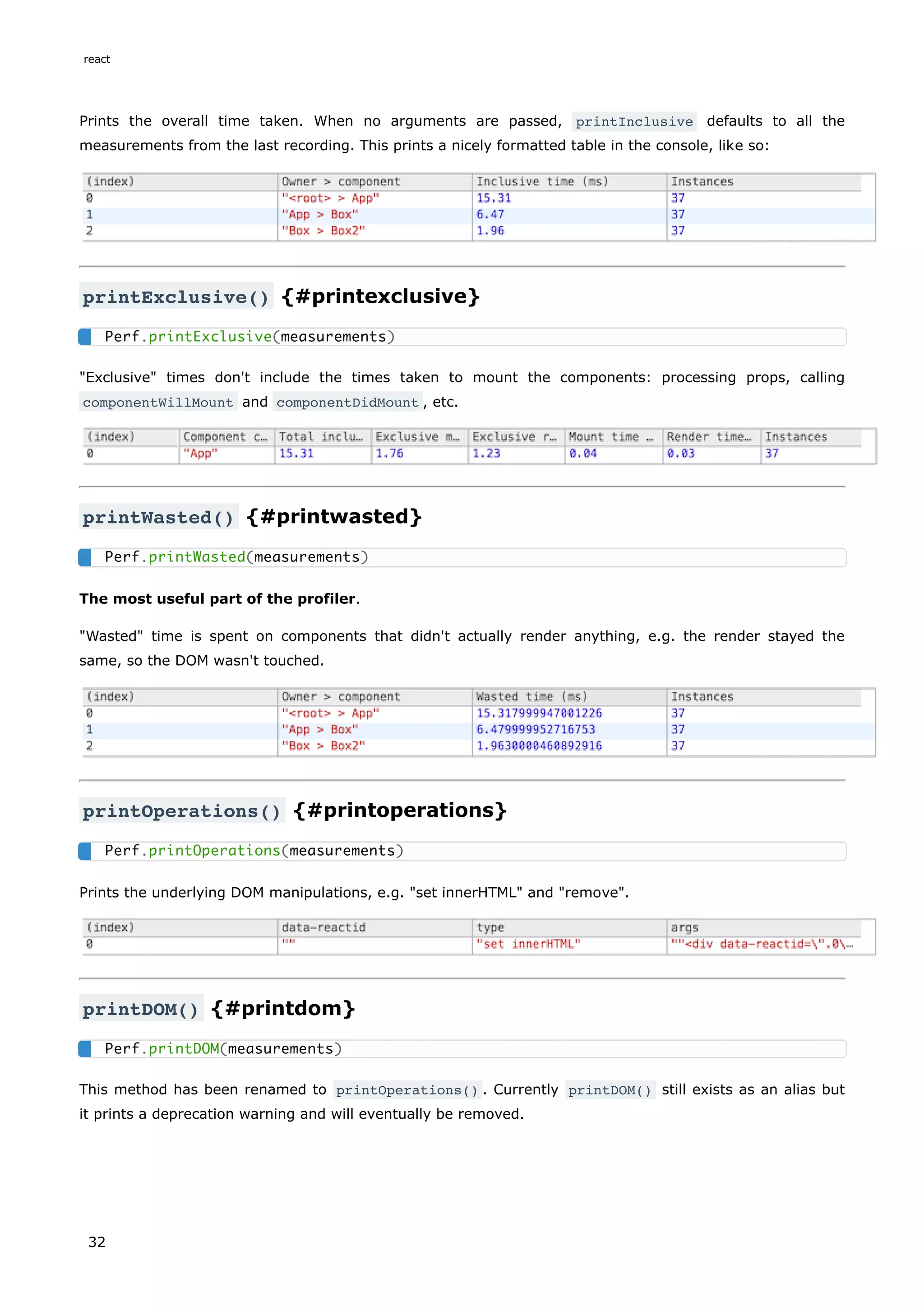 Prints the overall time taken. When no arguments are passed, printInclusive defaults to all the
measurements from the last recording. This prints a nicely formatted table in the console, like so:
printExclusive() {#printexclusive}
"Exclusive" times don't include the times taken to mount the components: processing props, calling
componentWillMount and componentDidMount , etc.
printWasted() {#printwasted}
The most useful part of the profiler.
"Wasted" time is spent on components that didn't actually render anything, e.g. the render stayed the
same, so the DOM wasn't touched.
printOperations() {#printoperations}
Prints the underlying DOM manipulations, e.g. "set innerHTML" and "remove".
printDOM() {#printdom}
This method has been renamed to printOperations() . Currently printDOM() still exists as an alias but
it prints a deprecation warning and will eventually be removed.
Perf.printExclusive(measurements)
Perf.printWasted(measurements)
Perf.printOperations(measurements)
Perf.printDOM(measurements)
react
32
 