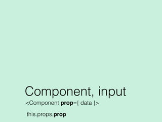 Component, input
<Component prop={ data }>
this.props.prop
 