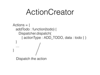 ActionCreator
Actions = {
addTodo : function(todo) {
Dispatcher.dispatch(
{ actionType : ADD_TODO, data : todo } )
}
…
}
Dispatch the action
 