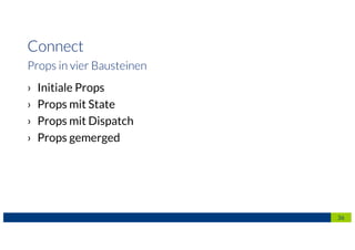 › Initiale Props
› Props mit State
› Props mit Dispatch
› Props gemerged
36
Connect
Props in vier Bausteinen
 