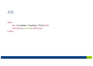 <div>
<h1 className="heading">Title</h1>
<Article>{content}</Article>
</div>
5
JSX
 